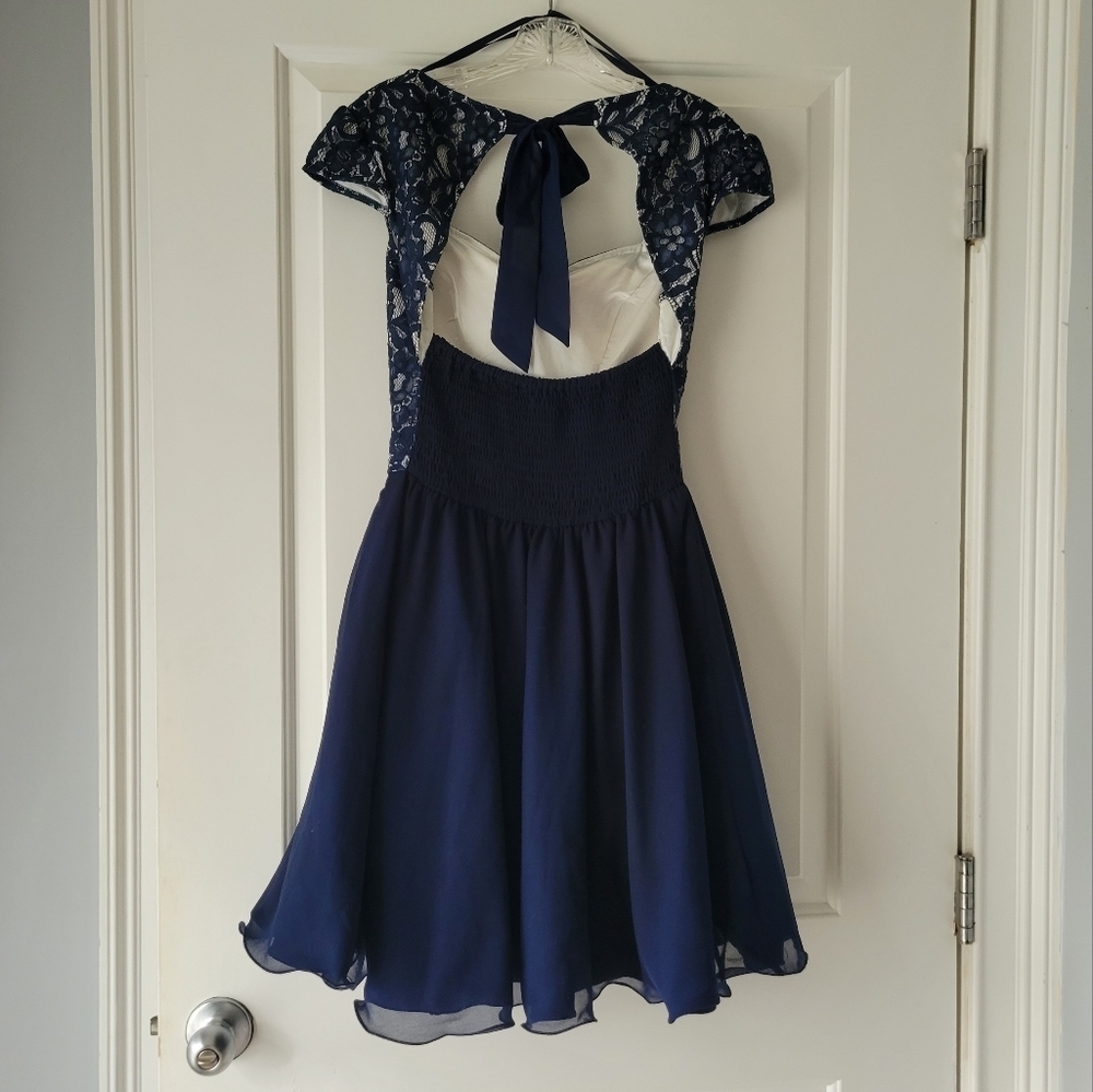 Pleated Cap Sleeved Blue White Lace Tulle Midi Cocktail Dress Size 4 - Picture 6 of 12